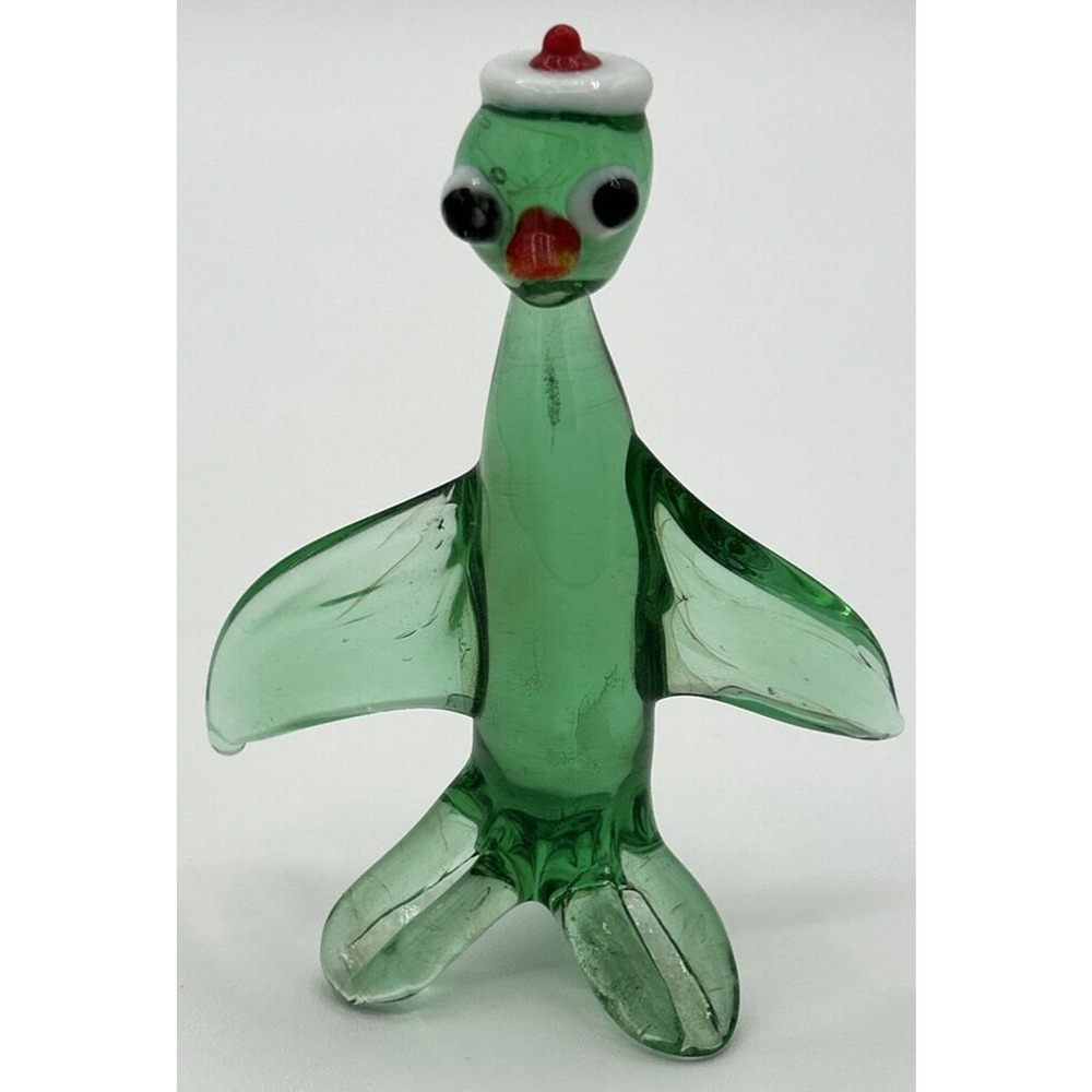 Vintage Unique Blown Glass Penguin Figurine with Hat Green 3.5" Tall SKU PB197